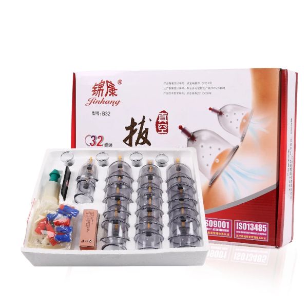 Massageador barato 32 peças latas copos kit de ventosas de vácuo chinês puxar para fora um aparelho de vácuo terapia relaxar massageadores curva bombas de sucção