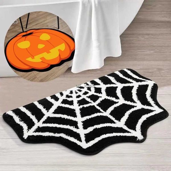 Tapetes Halloween Spider Web Bath Mat Antiderrapante Abóboras Tapetes Góticos Morcegos Caixões Tapete Branco Meio Redondo Tapete de Banho Banheiro