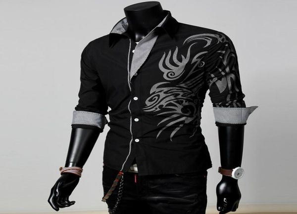 Homens Moda Masculina Manga Longa Estilo Europeu Tatuagem Dragão Camisa Impressa Silm Fit Camisa 4 Colors3643597