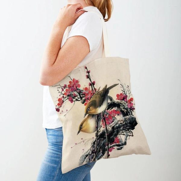 Borse per la spesa Borsa casual con stampa animalier dei cartoni animati Borsa casual con inchiostro cinese Uccello Shopper da donna Borsa tote in tela su entrambi i lati riutilizzabile