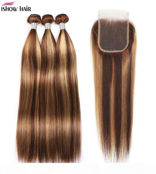 Ishow destaca 4 27 pacotes de cabelo humano com fechamento em linha reta extensões de cabelo virgem 3 4pcs com fechamento de renda colorido ombre2140936