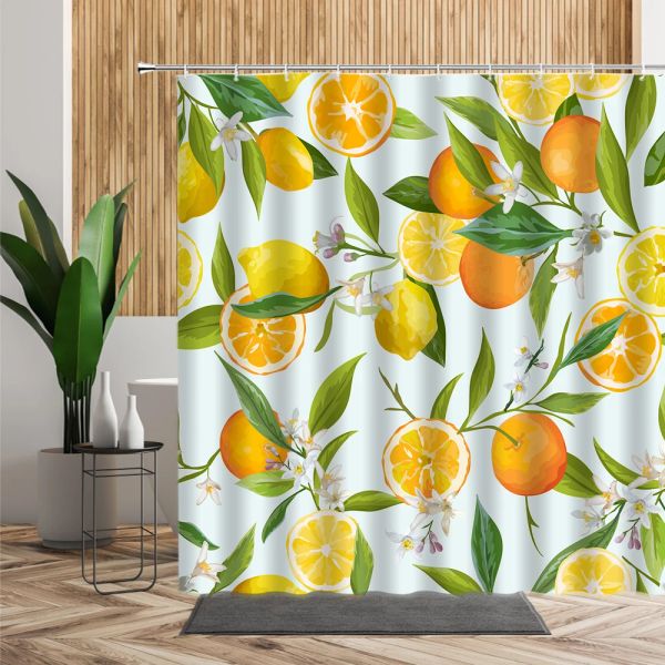 Tende Tende da doccia al limone naturale per bagno Cucina Decor Fiore Arancione Limoni Stampa Tessuto Tende da bagno Poliestere impermeabile