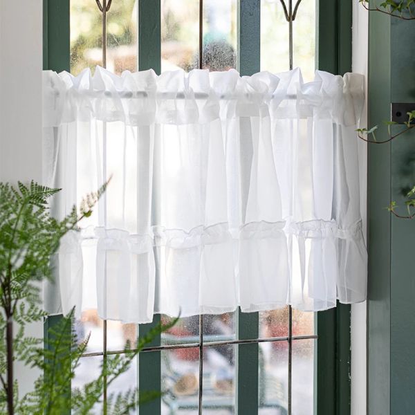 Cortinas brancas curtas para porta de cozinha, cortina pura de banheiro, elegante, decoração de tela de janela, cortinas coreanas com babados