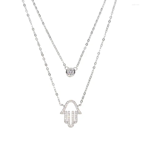 Anhänger Doppelschichtige Silberhalskette Sterling Single Cz Hamsa Hand Anhänger Glückstürkischer 925er Schmuck