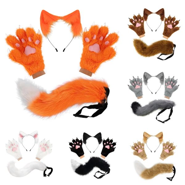 Costumi Fluffy Cat Ears Cat Long Tail Plus Cute Cat Paws Guanti Set Accessori per costumi cosplay Halloween Carnival Party Dress Up