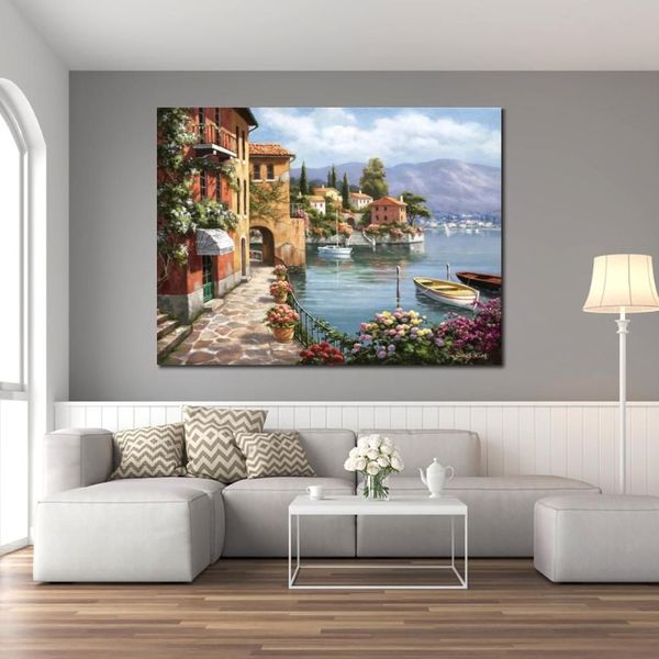 Ручная роспись современного искусства, итальянский пейзаж, живопись на холсте, средиземноморская арка, картина Sung Kim Lake Village для декора стен257i