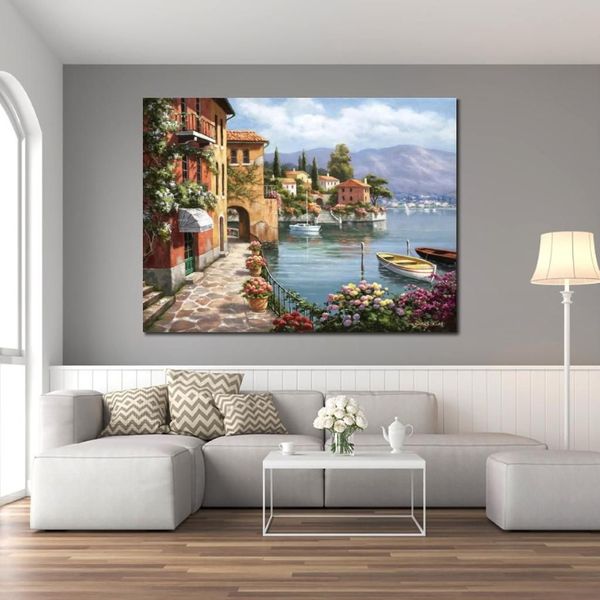 Dipinto a mano di arte moderna Pittura di paesaggio italiano su tela Arco mediterraneo Opera d'arte Sung Kim Lake Village per decorazione murale257i