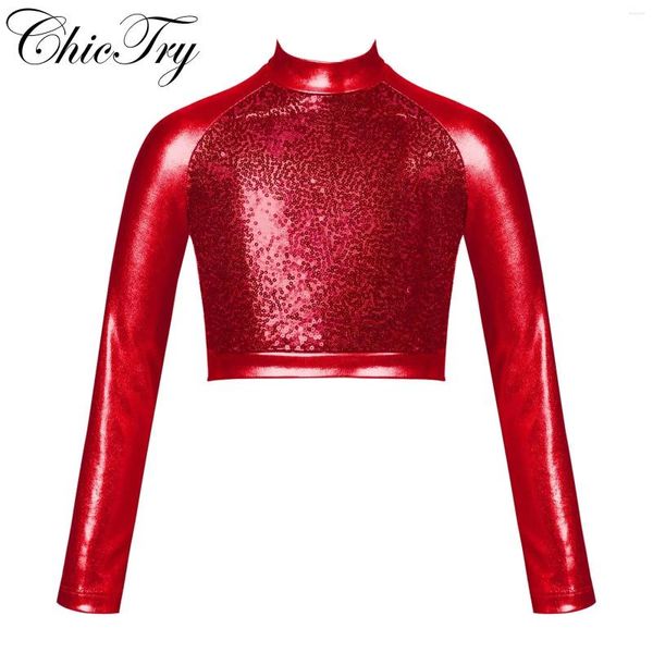 Palco desgaste crianças meninas glitter lantejoulas ballet jazz moderno hip hop dança colheita topo gola alta manga longa camisa atlética tanques dancewear