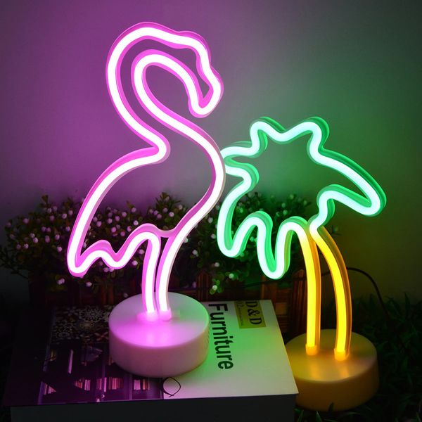 Flamingo cactus led luzes de néon coqueiro abacaxi sinal lâmpada usbbateria energia unicórnio sala mesa decoração do feriado 240301