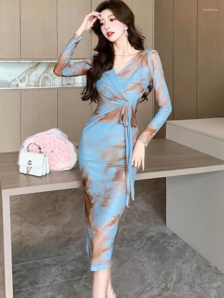 Vestidos casuais outono inverno manga longa bodycon roupas de baile azul floral v-pescoço vestido feminino 2024 moda coreana elegante noite