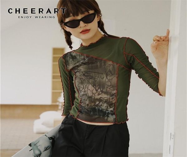 CHEERART Vintage Mesh Crop Top T Shirt Donna Stampata Maglietta Estate Collo alto Tee Shirts Femme Designer Ladies Estetica 2106231410818