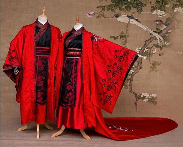 China tradicional preto vermelho bordado traje cauda longa vestidos de casamento chinês ancestral casamento hanfu noivo noiva casal ternos9939226