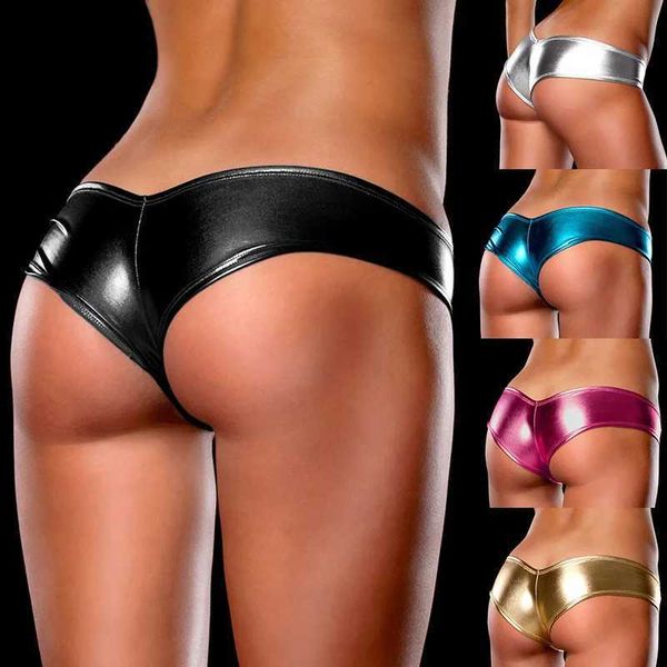 Shorts femininos sexy quente erótico látex v corte lado largo metálico pu couro hipster bikini scrunch calcinha g t string tanga mulheres comesl24313