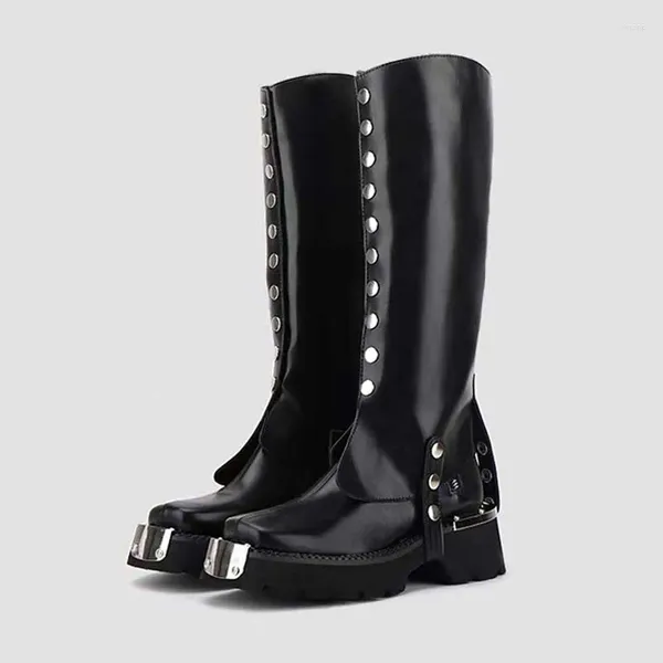 Stiefel Punk Knight Echtes Leder Metall Niet Quadratische Zehe Dicke Sohlen Spleißen Booties Frauen Knopf Design Seitlichem Reißverschluss Retro Schuh