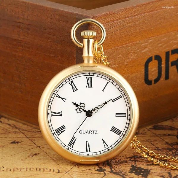 Relógios de bolso dourado aberto face relógio romano número display masculino feminino clássico quartzo analógico relógio colar pingente corrente antigo reloj