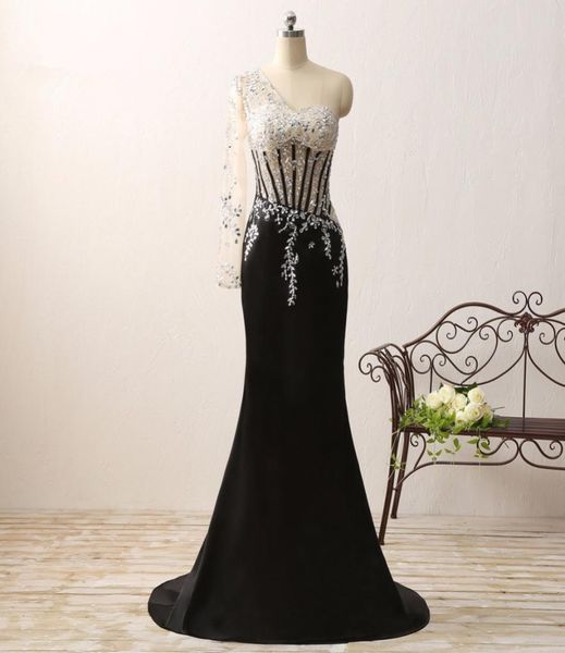 Smaragdschwarzes Chiffon-Abendkleid 2018 One Shoulder Pailletten Perlen Meerjungfrau Frauen Custom Sexy Formal Pageant Kleider für Abschlussball Party2375193