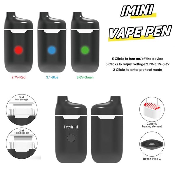 Caixa de vape descartável por atacado IMINI Dispositivo de recarga USB 2.0ml 3.0ml D8 D9 D10 Vaporizador de óleo vazio 280mAh Bateria de tensão ajustável Bobina de cerâmica diretamente