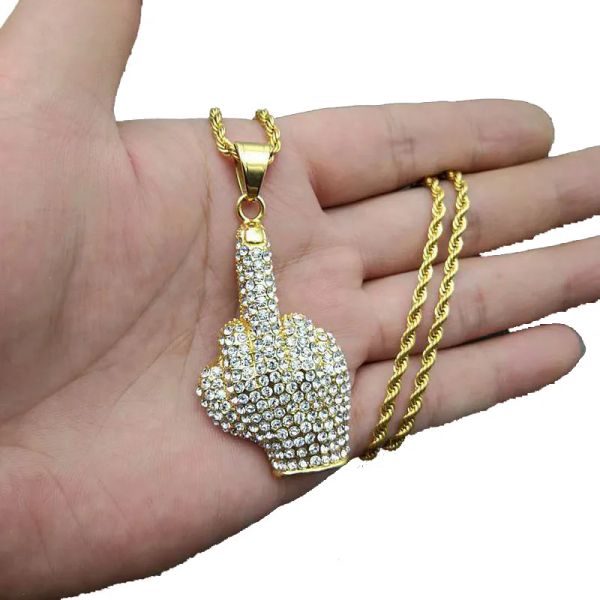 Хип-хоп Iced Out Подвески с большими руками 14-каратное золото Ожерелье Полный горный хрусталь Кристалл Циркон Рэпер Средний палец вверх Форма руки Ювелирные изделия для мужчин