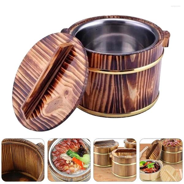 Set di stoviglie Botte di riso Ciotole per miscelazione in acciaio inossidabile Secchio per sushi rustico in legno con coperchio Zuppa di stoccaggio creativa multiuso per tofu Durevole