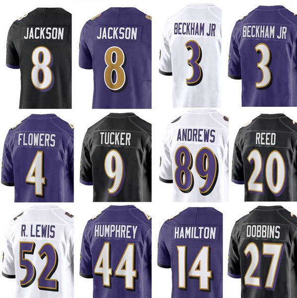 Camisa de futebol Baltimore''Ravens''Ray Lewis Lamar Jackson Ed Reed Zay Flowers Justin Tucker Odell Beckham Jr.