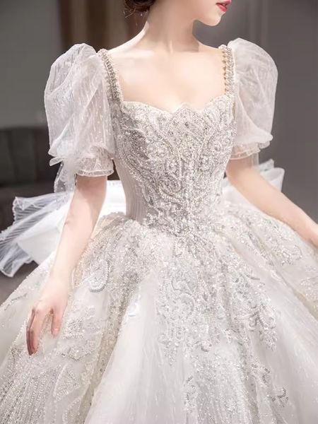 Luxo Dubai vestido de baile vestidos de casamento manga curta sheer pescoço quadrado cristal frisado apliques vestidos de noiva rendas lantejoulas designer vestido de novias