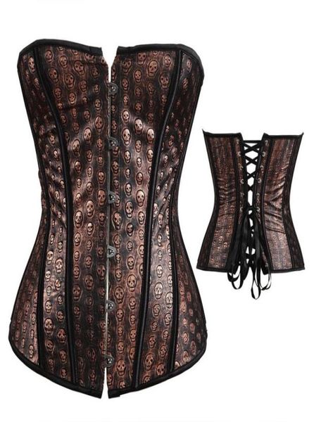 Feminino crânios impresso steampunk espartilho painéis pretos moda plus size s6xl overbust rendas vintage couro do plutônio marrom gótico espartilho7608180