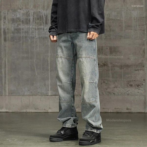 Calças de brim masculinas streetwear reta baggy moda retalhos calças hip hop angustiado y2k vintage denim calças masculinas