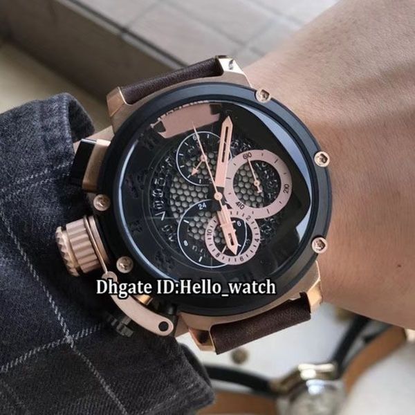 Günstige Linkshänder 50 mm U-51 U51 Chimera Bronze 7474 Skelett schwarzes Zifferblatt Quarz Chronograph Herrenuhr Roségold Lederarmband Spor267K