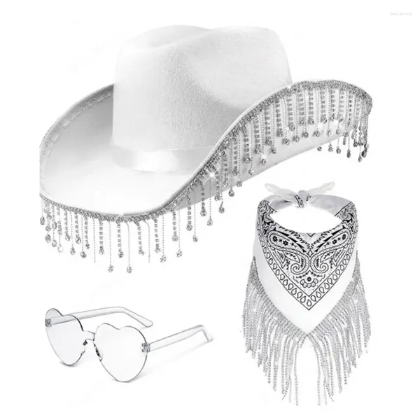 Berretti con strass Cappello da cowgirl Set Scintillante Western Wear Cowboy Heart Occhiali da sole Bandane per donna Cosplay da uomo