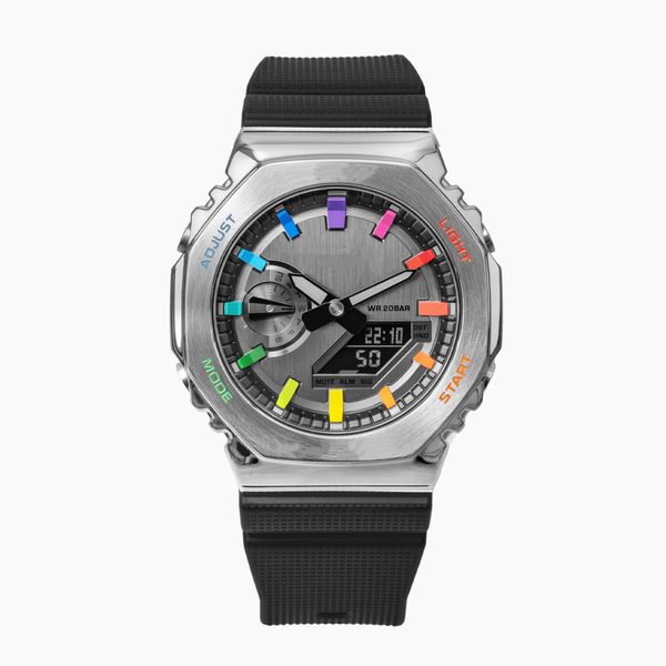 Herren-Sportuhr Rainbow Silver Digital Quarz 2100 Weltzeituhr mit vollem Funktionsumfang, wasserdicht, LED-Automatik, Handanhebung, Serie Light Oak