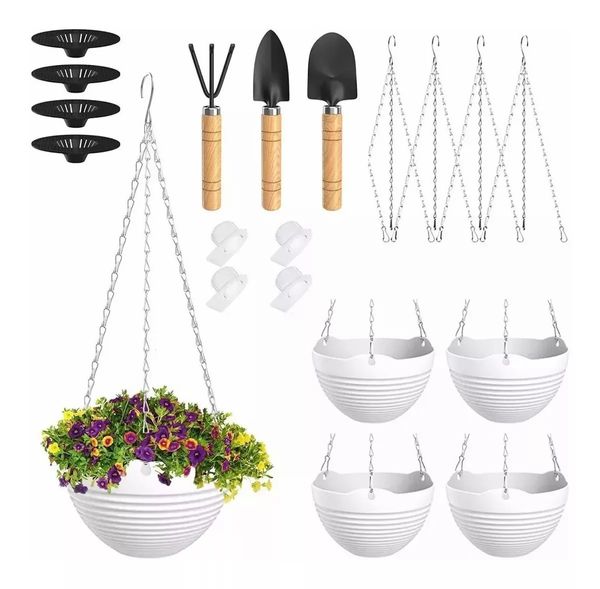 4er-Pack, 20 cm, hängende Pflanzgefäße, Garten-Blumentöpfe, hängende Pflanzkörbe für Pflanzen im Innen- und Außenbereich, mit Abflusslöchern, weiß, 240309