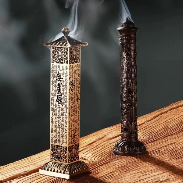 Queimadores de incenso vertical antigo chinês vintage dragão phoenix pilar metal escritório casa retro decoração produtos suporte de incenso