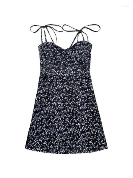 Vestidos casuais estilo francês vintage flor mulheres verão arco laço-up v-pescoço magro suspender vestido moda tendência sexy saias doces