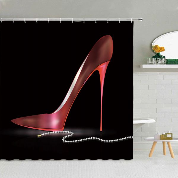 Cortinas sexy lábios vermelhos cortina de chuveiro mulher misteriosa garrafa perfume batom salto alto menina banho decoração à prova dwaterproof água tecido ganchos cortinas