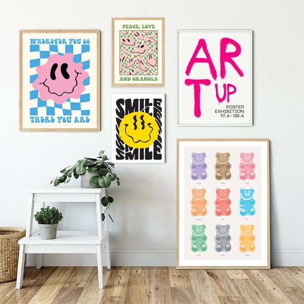 Calligrafia Boho Smiley Poster Arcobaleno Orso Stampa artistica Hippie Doodle Pittura su tela Immagine astratta della parete a scacchiera per la decorazione del soggiorno