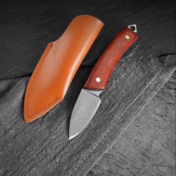 Camping Jagdmesser 3 CR13 Edelstahl Damaskus Feste Klinge Schlüsselanhänger Outdoor Tragbarer Obstschneider EDC Intro Bindungsmesser mit Ledertasche 240312