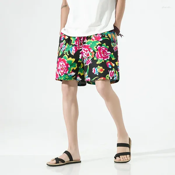 Shorts masculinos verão e mulheres nordeste grande flor estilo étnico chinês casual praia