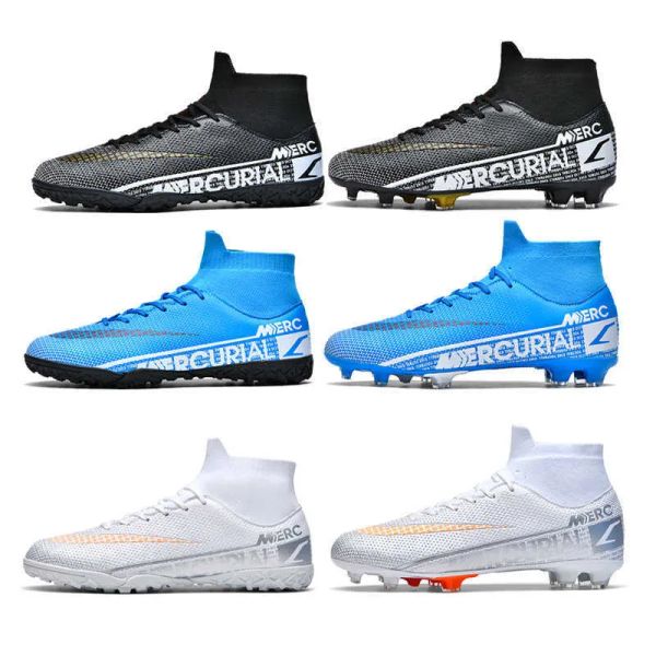 Nuove scarpe da calcio Mercurial TF 2024 Scarpe da calcio da uomo Scarpe da ginnastica alte comode per giovani Nero Bianco Blu