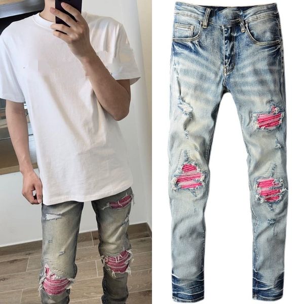 Calças de brim de alta rua ajuste fino e buraco remendo calças nevoeiro moda masculina jeans magro lápis calças roxo designer jeans