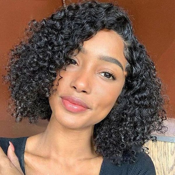 Perucas de cabelo humano curto e encaracolado, bob pixie, corte de água, cabelo brasileiro para mulheres negras, parte lateral da máquina com estrondo, peruca barata