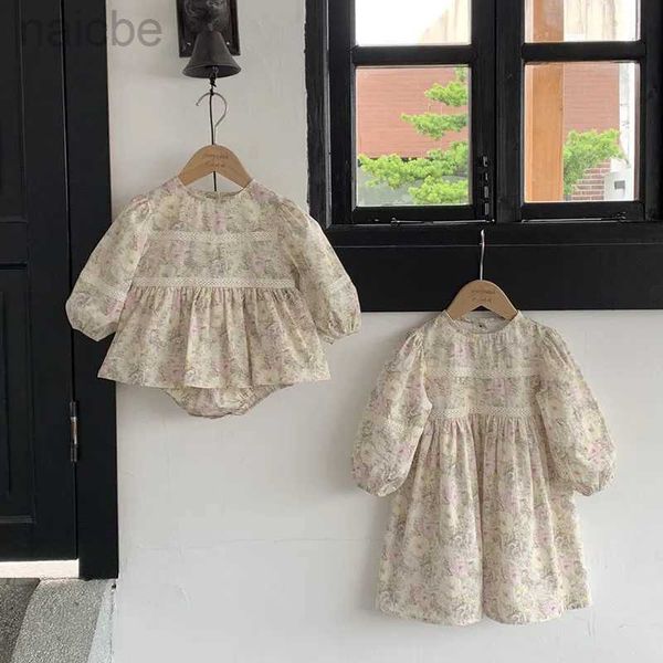 Vestidos da menina coreano crianças vestido de princesa bebê macacão de manga comprida renda floral vestido de algodão irmãs roupas infantis ldd240313