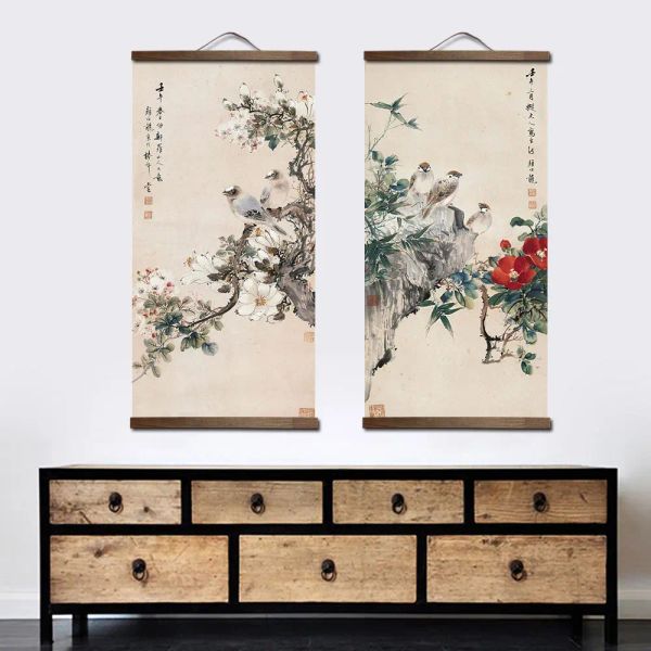 Caligrafia estilo chinês tradicional flor animal lona decoração de casa para sala de estar quarto arte de parede pôster pinturas de rolagem de madeira