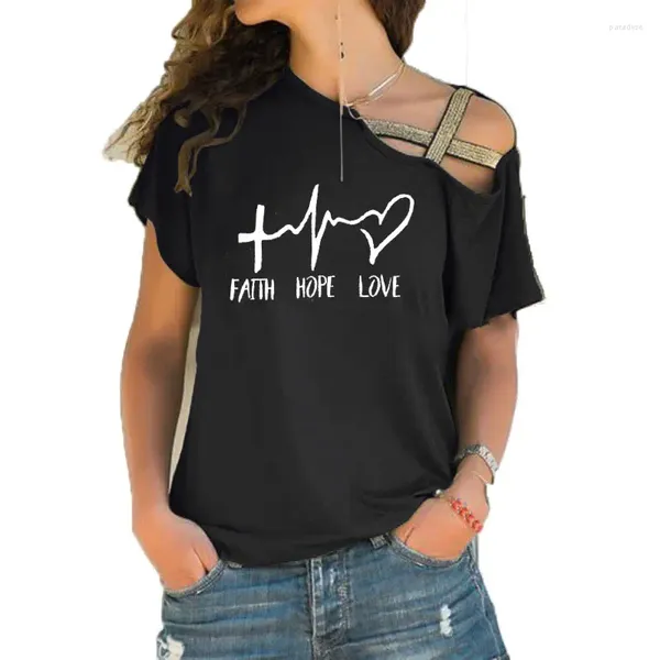 Mulheres Camisetas 2024 Fé Esperança Amor T-shirt 90s Mulheres Verão Camisa de Manga Curta Casual Senhoras Valentine Tops Irregular Skew Cross Bandage