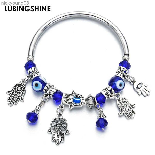 Bangle Moda Turquia Azul Evil Eye Hamsa Mão Fatima Palm Pulseiras para Mulheres Homens Cuff Elastic Strand Beads Charms Pulseira JewelryL2403