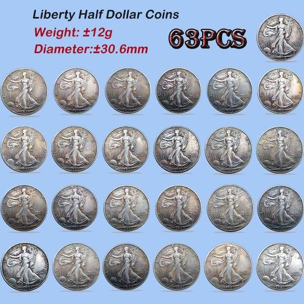 USA Komplettset Walking Liberty Kopiermünzen 30 6 mm 63 Stück verschiedene Datumsversionen Münzen alte Farben versilbert Coin340s