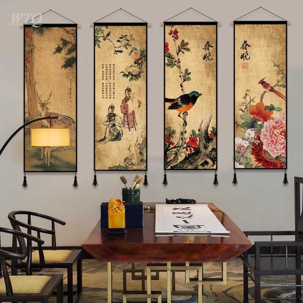 Stile cinese Loto Peonia Buddismo Zen Retro Poster Tela Pittura Decorazione della parete Poster Wall Art Picture Room Decor Home Decor Y09272199