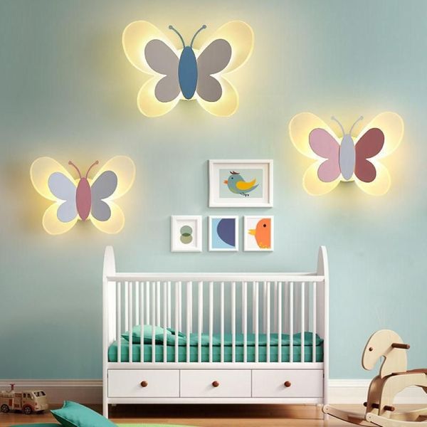 Lâmpada de parede borboleta moderna menina quarto criativo arandela lâmpadas dos desenhos animados quarto das crianças led cabeceira anexado 240b