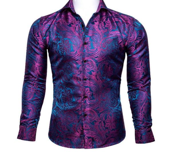 Men039s camisas de vestido barrywang luxo rosa vermelho paisley seda masculina manga longa flor casual para designer ajuste camisa bcy00297585927