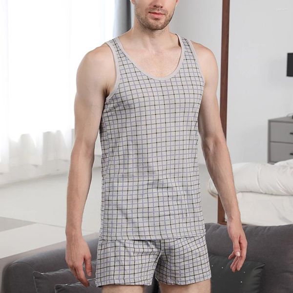 Herren-Nachtwäsche, Herren-Pyjama-Set, Loungewear, Nachthemd, kariertes Hemd, Shorts, ärmellos, einfarbig, Tank-Top