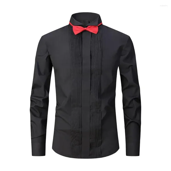 Homens camisetas Homens Camisa de Manga Longa Elegante Stand Collar Negócios com Gravata Borboleta para Eventos Formais Escritório de Cor Sólida